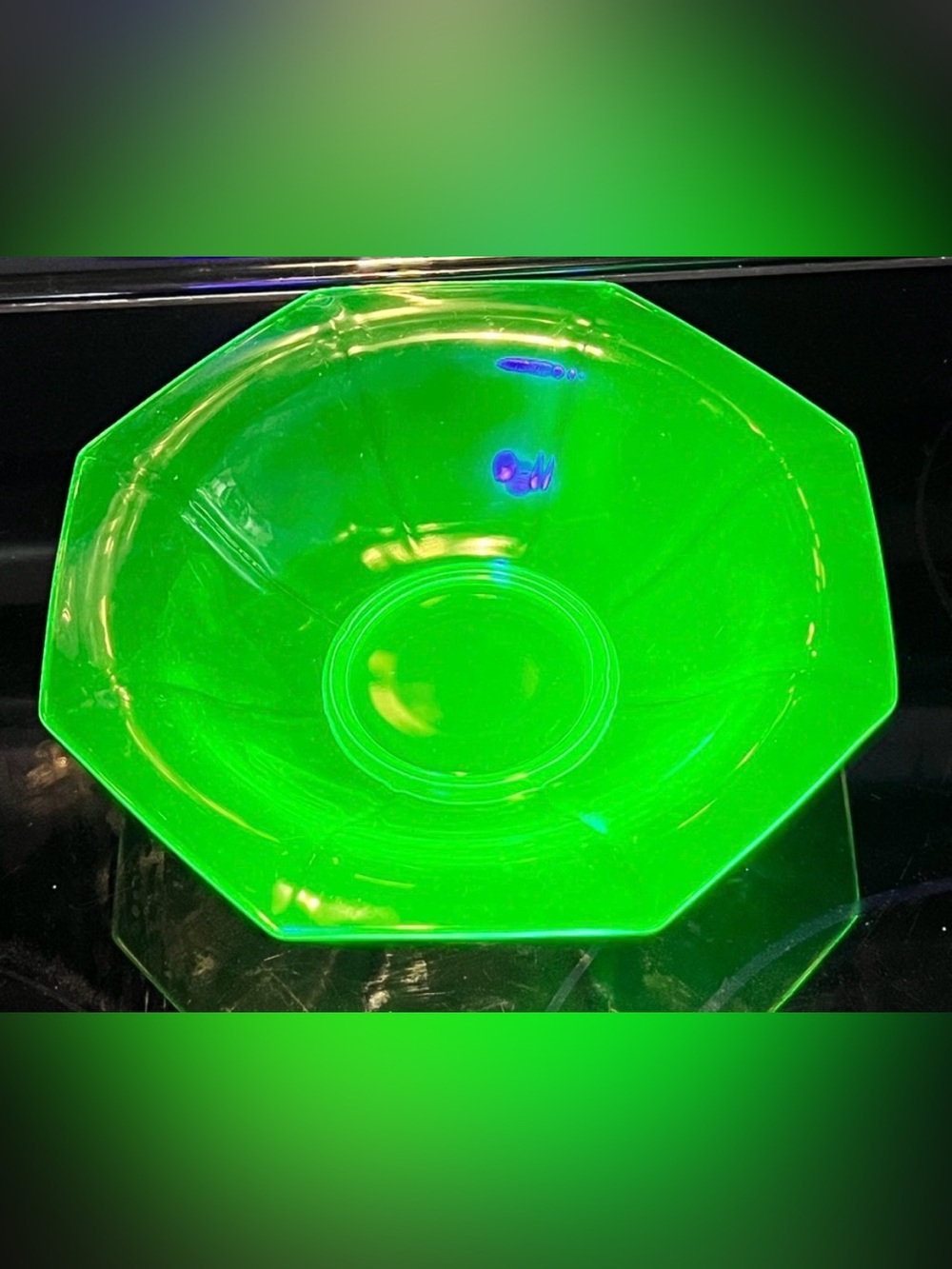 Vintage Uranium Glass Octagon Flared Footed Bowl – 10.5” Depression Glass Glow
